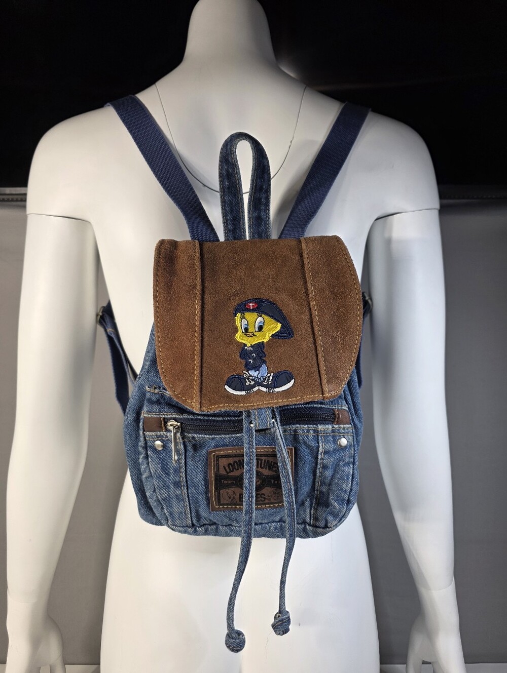 Vintage Y2K "Looney Tunes Blues" Tweety Bird Small Denim Drawstring Backpack